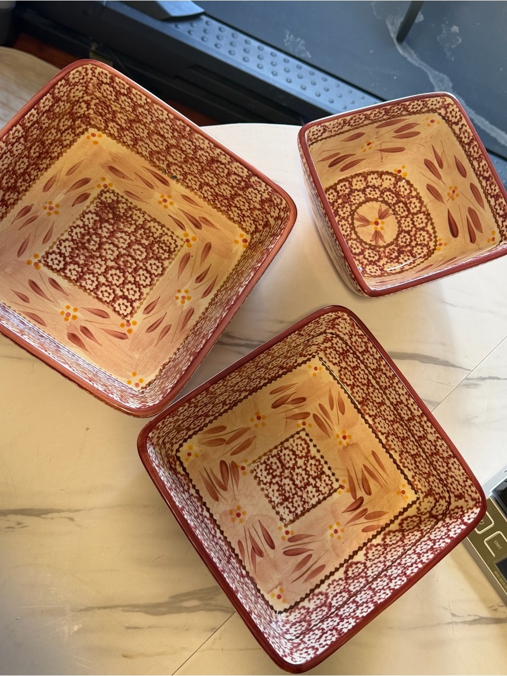 Hand-Painted Square Ceramic Serving Bowls - Red and Cream (Set)